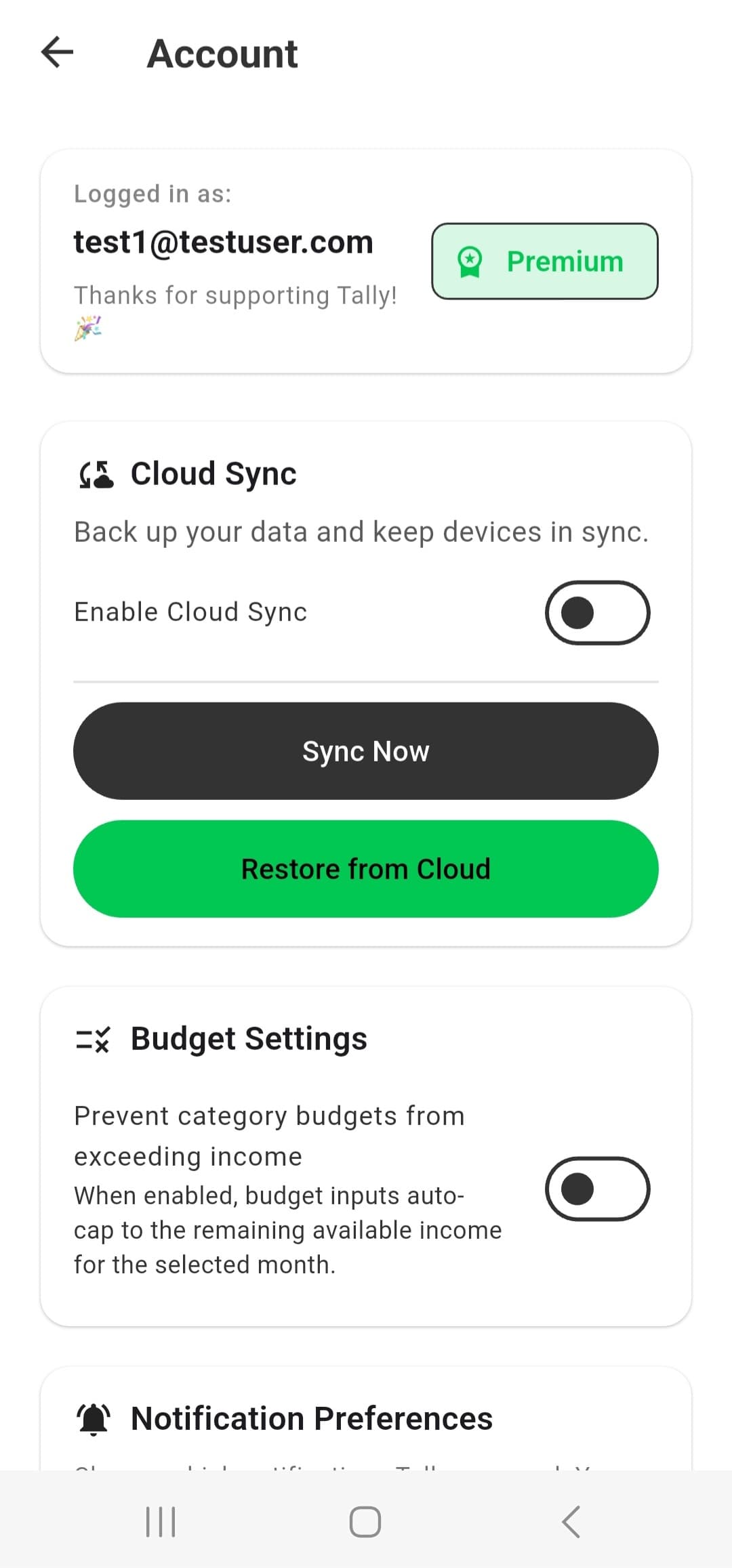 Cloud sync settings and status in Tally